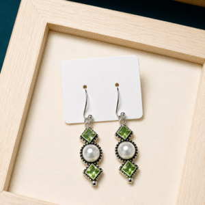 Green Crystal & Pearl Drop Earrings