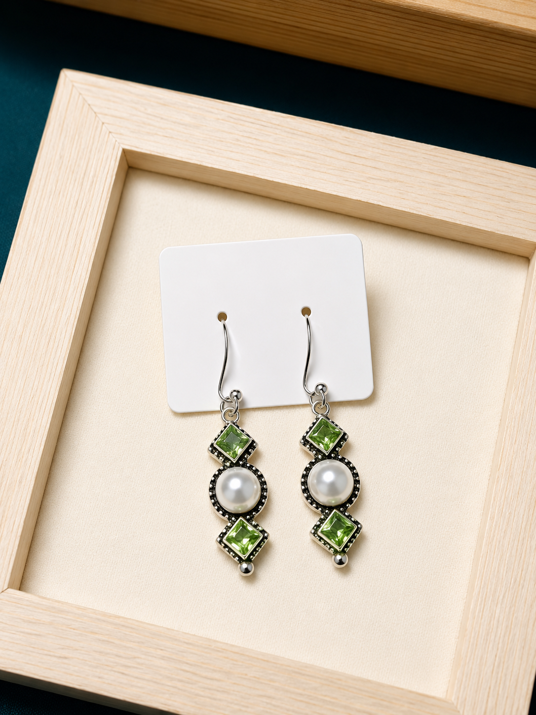 Green Crystal & Pearl Drop Earrings